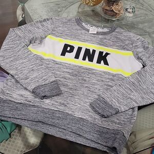 PINK Victoria Secret Gray and Neon Yellow Crewneck Sweat Shirt
